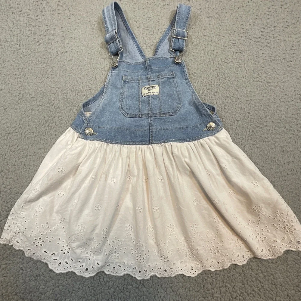 OshKosh B'gosh Overall Dress Kids 4T Blue White Good Eyelet Lace Denim Pinafore